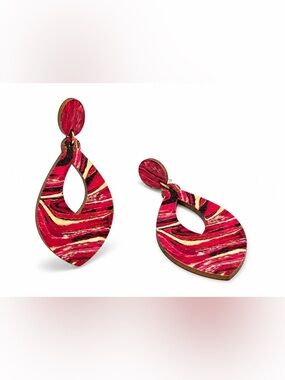 Statement Wooden Teardrop Cutout Earrings – Pink Marble Design